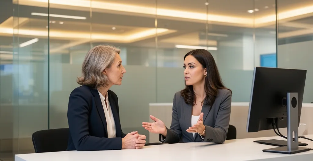 Femme en consultation avec une conseillère bancaire dans une agence moderne