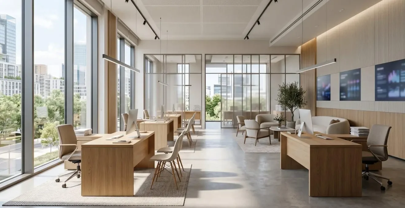 Bureau vide d'une agence bancaire contemporaine avec grande baie vitrée laissant entrer la lumière du jour