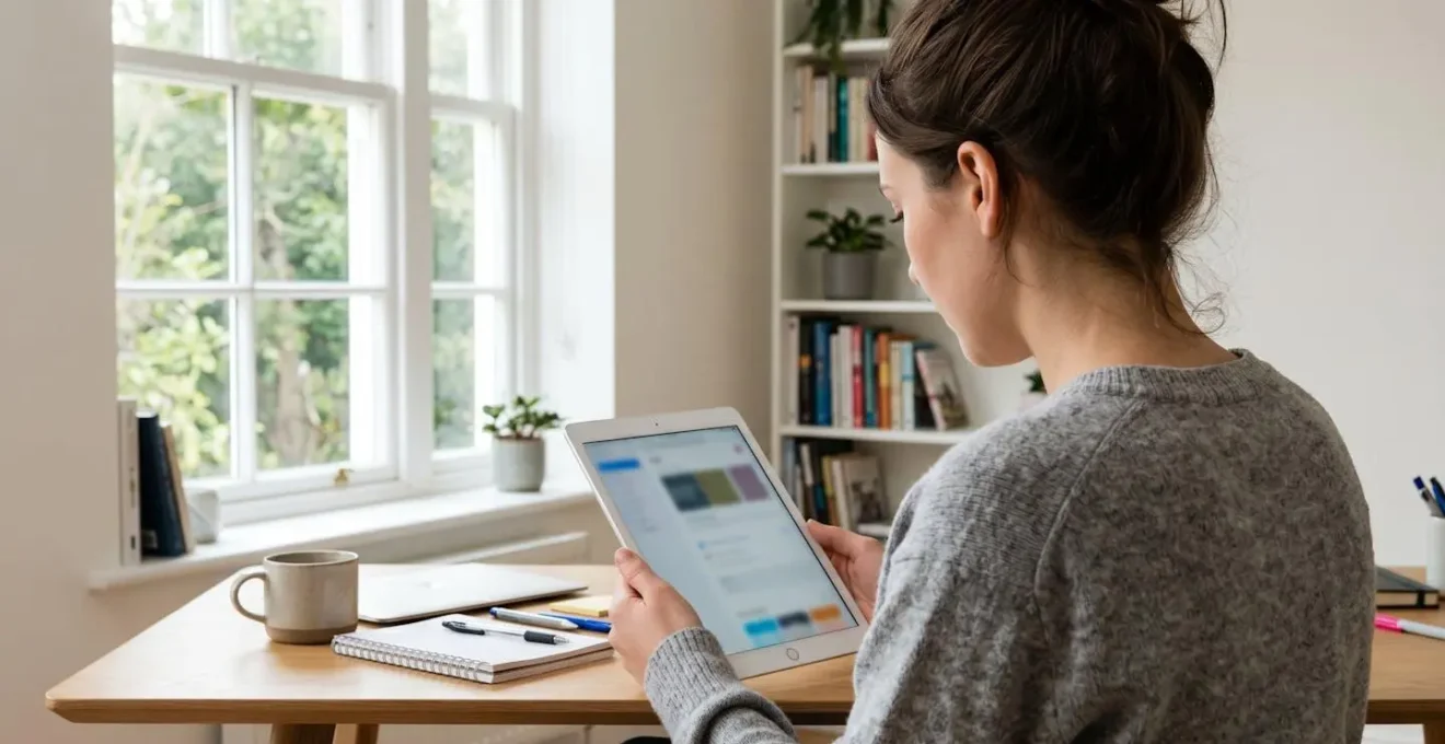 Personne vue de dos en tenue professionnelle décontractée consultant des documents sur une tablette dans un espace de travail moderne et lumineux